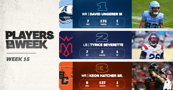 CFL names David Ungerer III, Tyrice Beverette and Keon Hatcher Sr. as Forty-Creek Quadruple Header Players of the Week