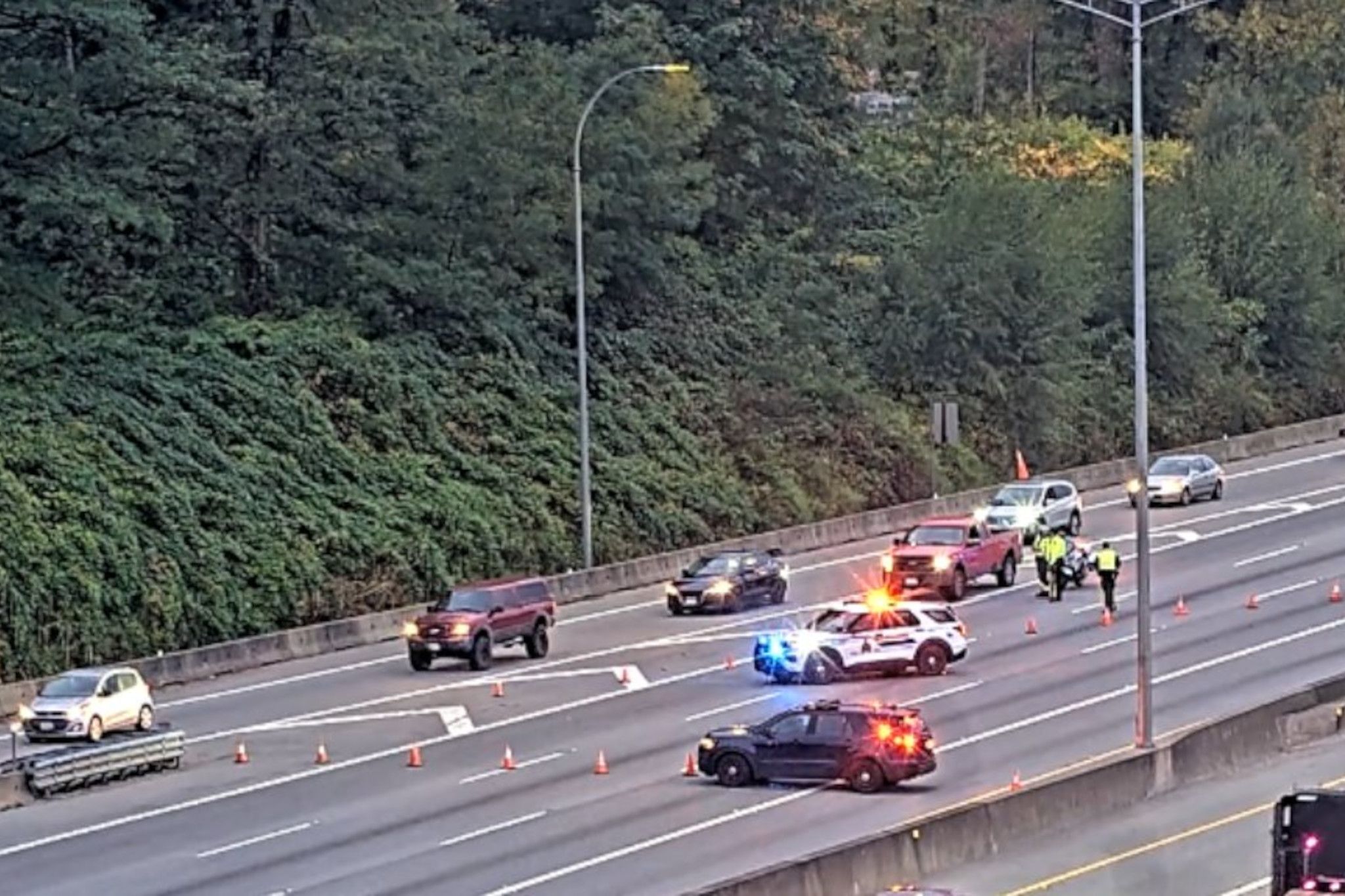 Police shut down eastbound Highway 1 at Kensington after collision causes major delays in Burnaby