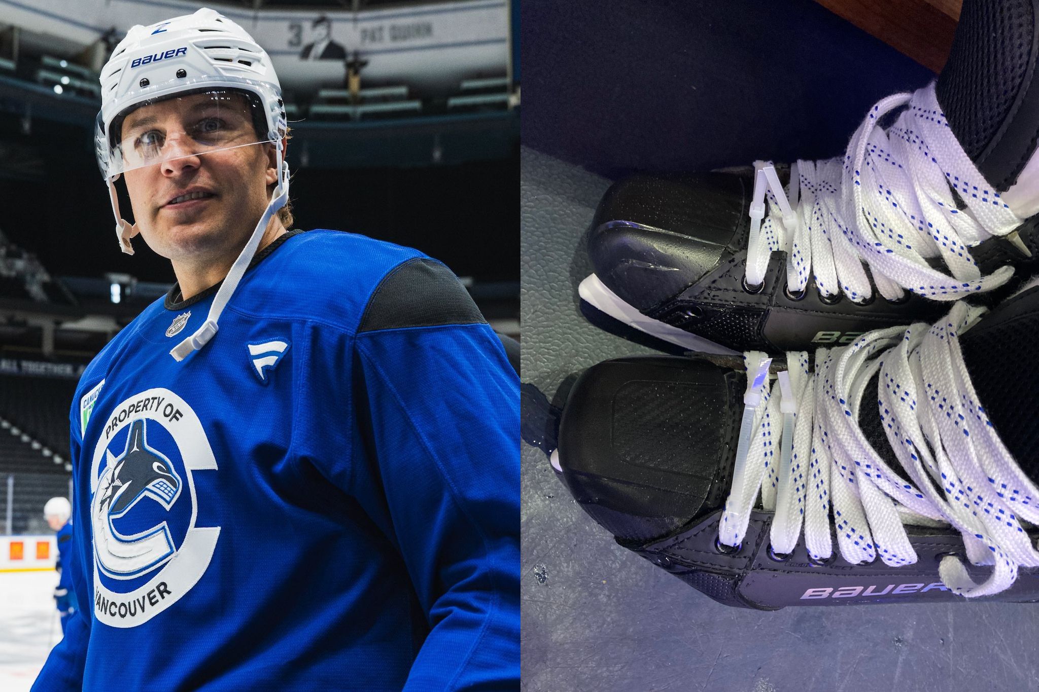 Luke Schenn uses zip ties to keep his Canucks skates stiff for blocking and power