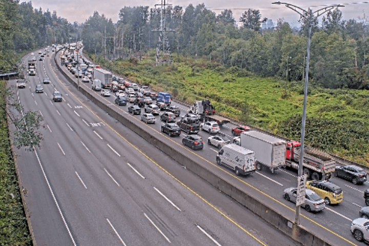Serious collision shuts westbound lanes of Highway 1 in Burnaby; 1 taken to hospital in critical condition