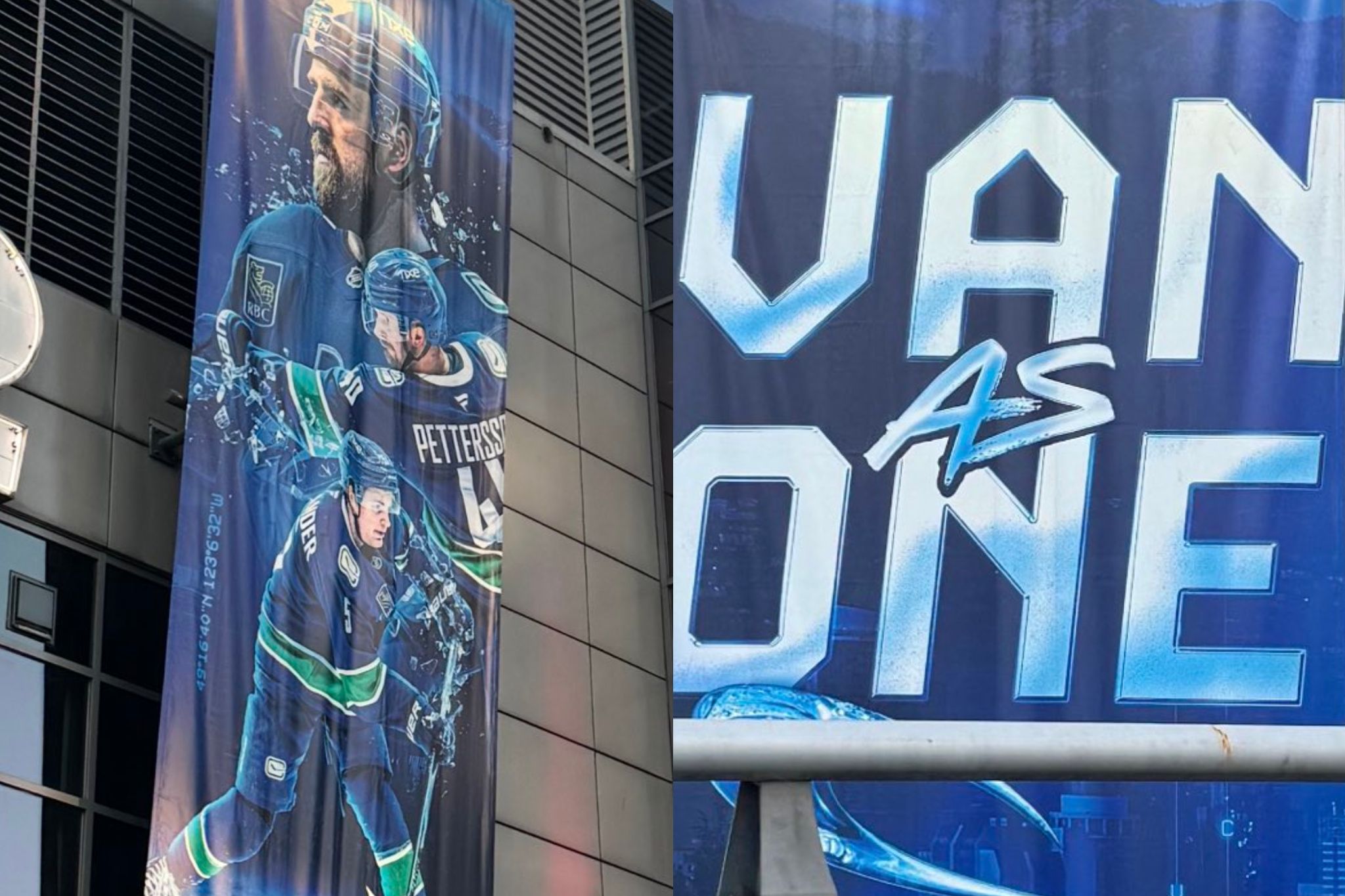 Canucks roll out “Van as one” as new slogan outside Rogers Arena, replacing “All together, all in”