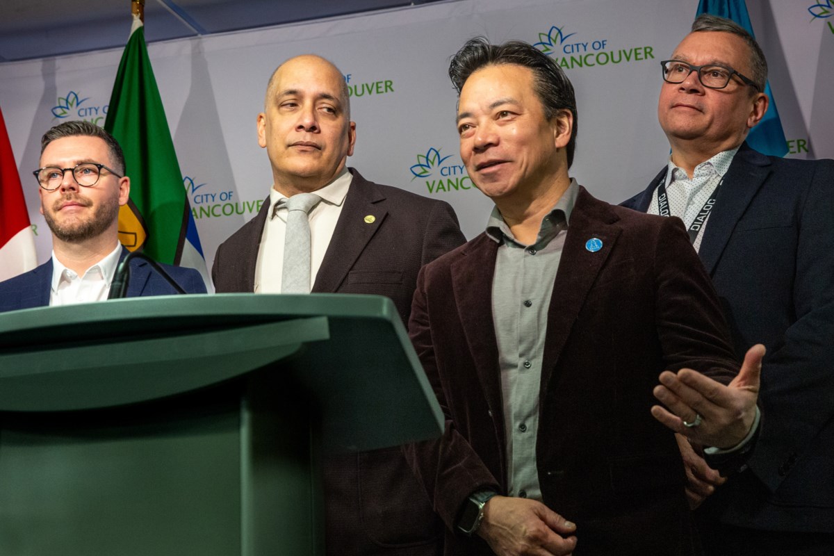 Ken Sim declines Pete Fry’s one-on-one debate bid on the steps of Vancouver City Hall