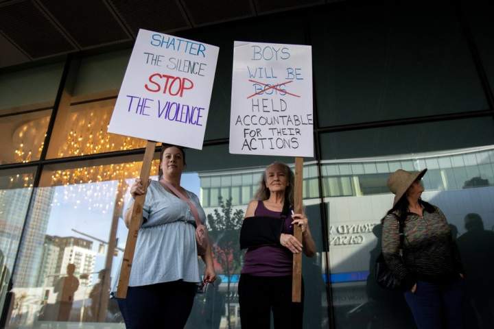 Protesters rally outside Rogers Place for Oilers’ first home game after Alex Formenton signing