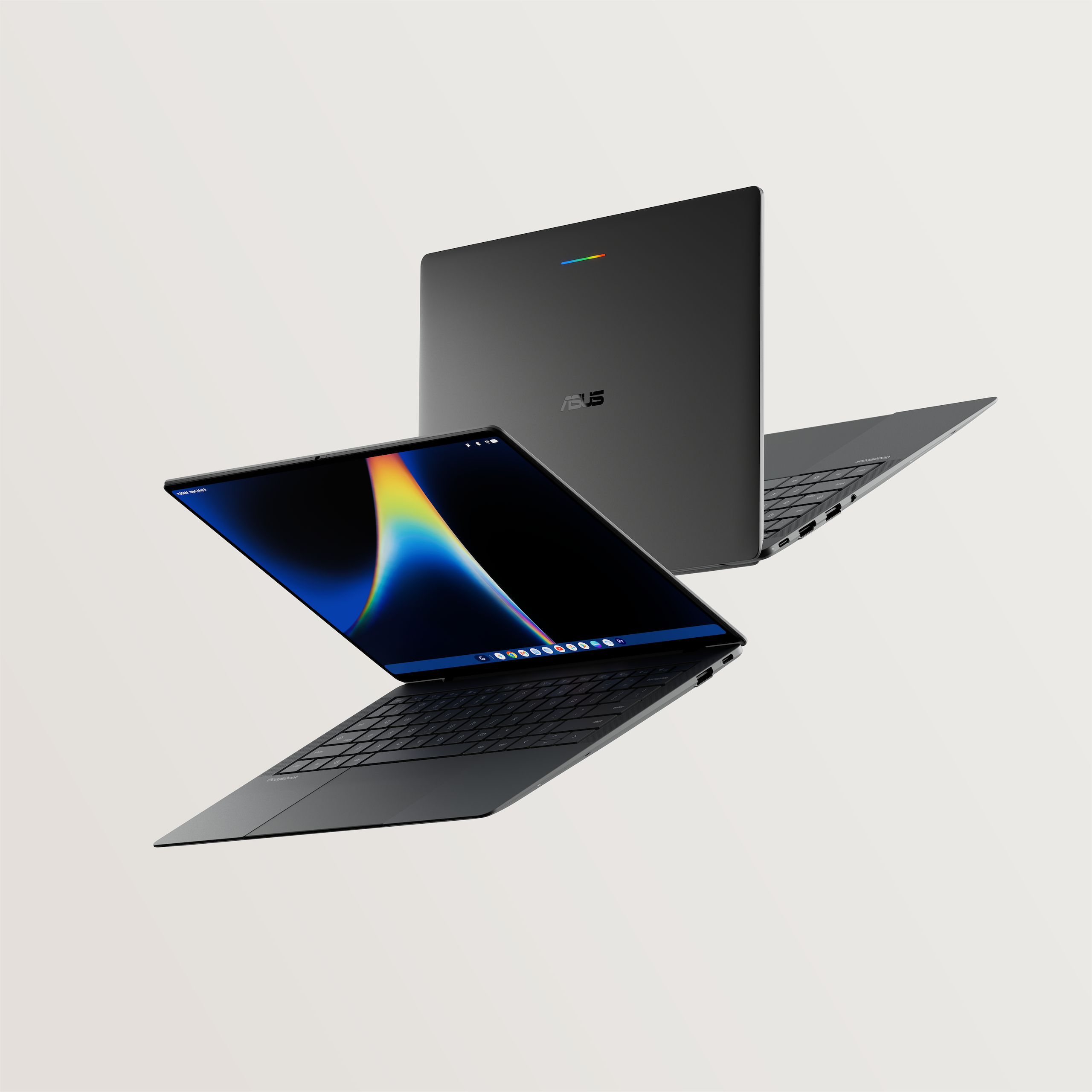 ASUS Googlebook 14 in Dusk Ash, open and rear views