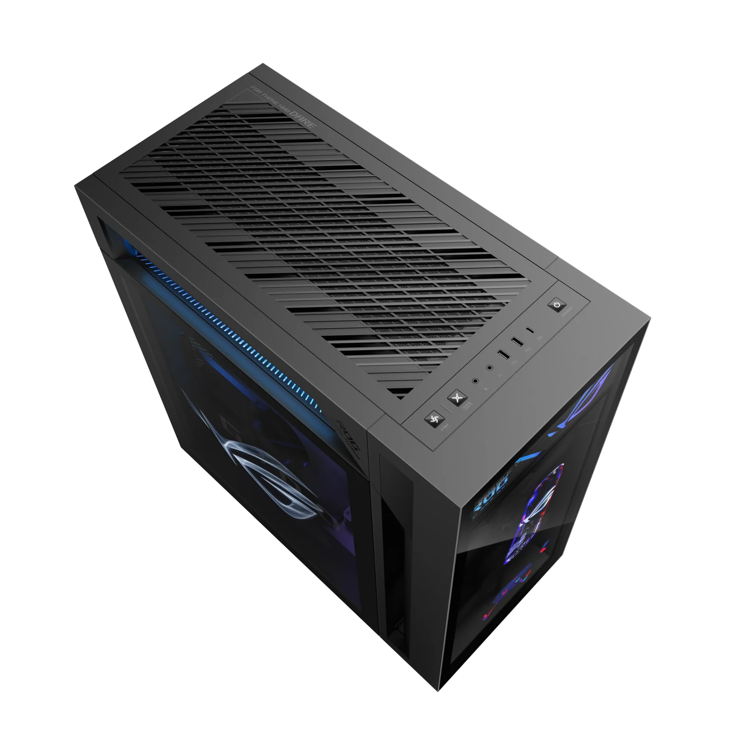 An elevated view of the ROG G1000 showing top ventilation and front ports