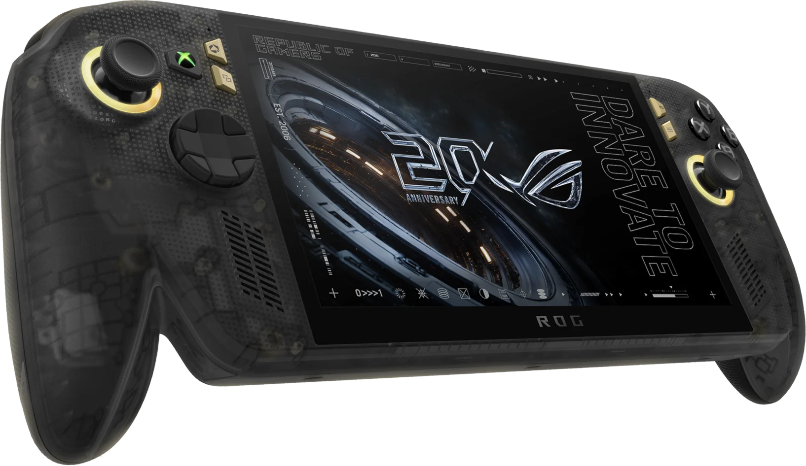 ROG Xbox Ally X20 handheld in translucent black and gold