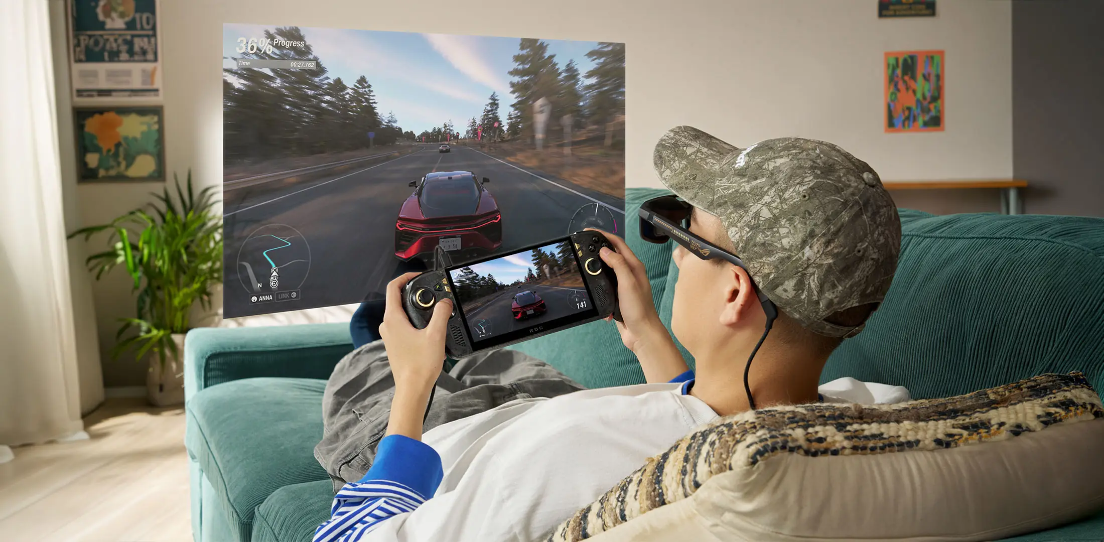 Gamer using the Ally X20 with ROG XREAL AR glasses